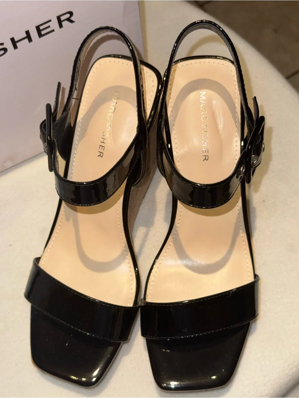 Marc Fisher Black Patent Cork Platform Wedge Sandals